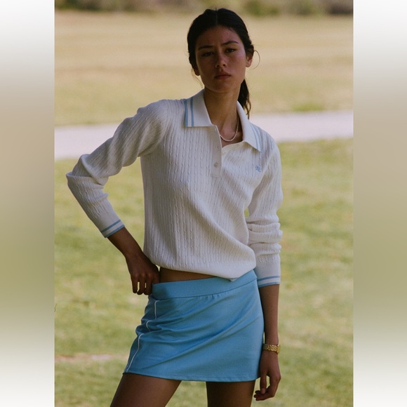 SPORTY & RICH SRC MINI CABLE LONG SLEEVE POLO SWEATER WHITE CHINA BLUE XS